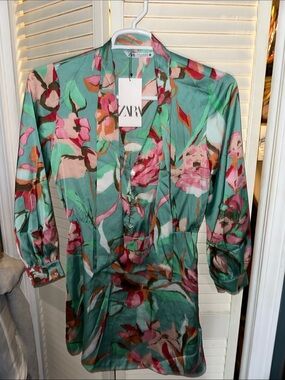 Zara Floral Mini Dress in Mint Green and Pink